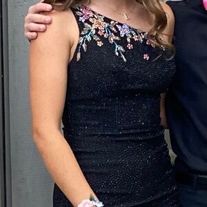 AMARRA - black one shoulder homecoming dress with multicolor floral beading